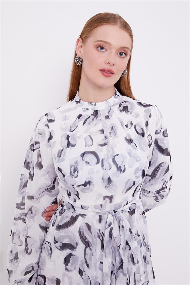 Gri Fırfır Kol Detaylı Elbise