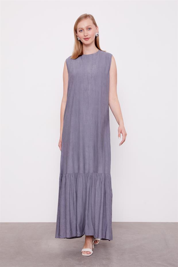 Gri Fiyonk Detaylı Ceketli Elbise