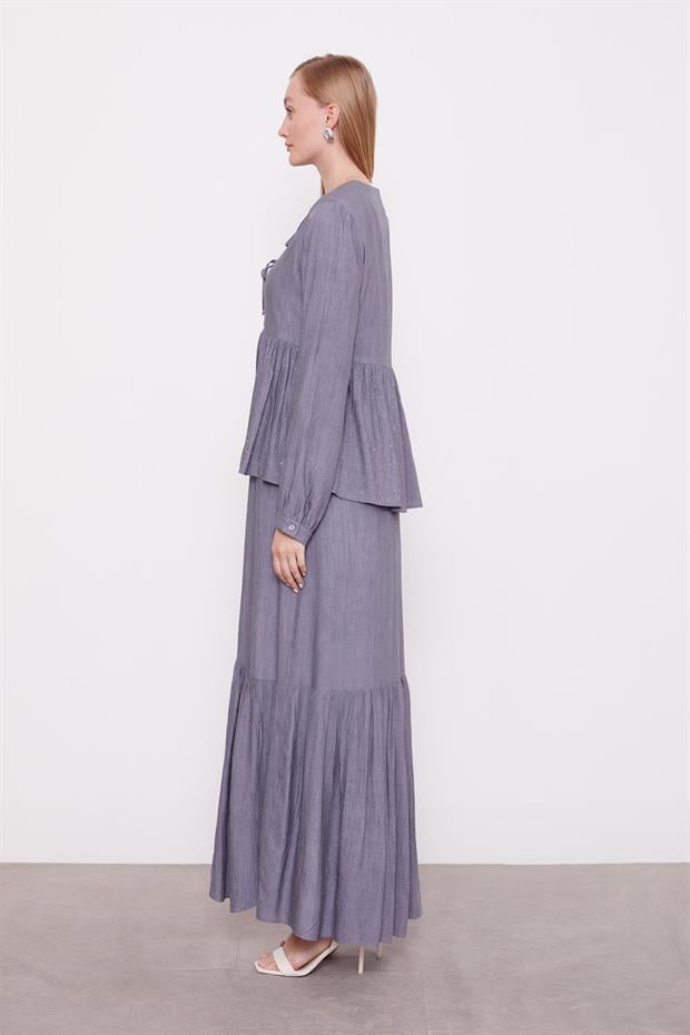 Gri Fiyonk Detaylı Ceketli Elbise