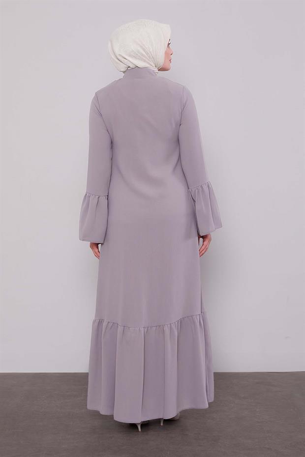 Gri Fular Detaylı İşlemeli Ferace