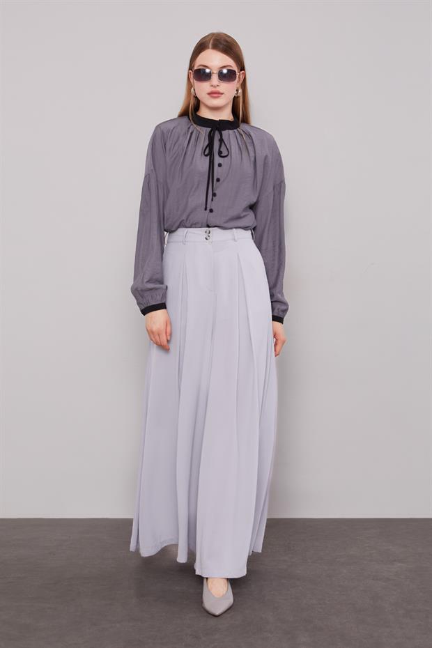 Gri Geniş Paça Piliseli Pantolon Etek