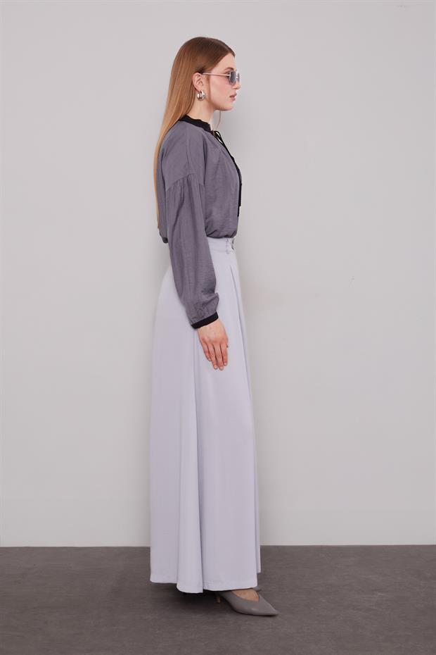 Gri Geniş Paça Piliseli Pantolon Etek