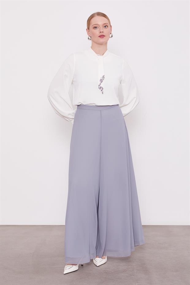 Gri Geniş Paçalı Şifon Pantolon