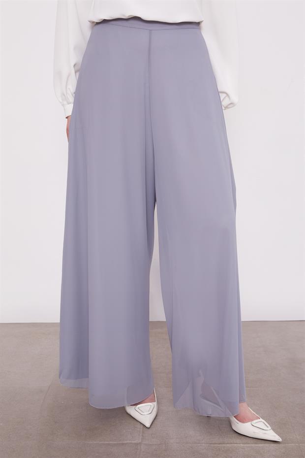 Gri Geniş Paçalı Şifon Pantolon