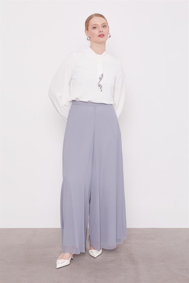 Gri Geniş Paçalı Şifon Pantolon