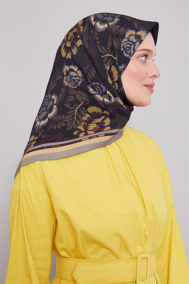 Gri Gül Desen Aura Eşarp