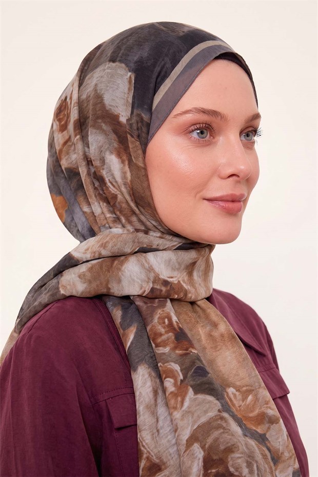 Gri Gül Desenli Tencel Şal