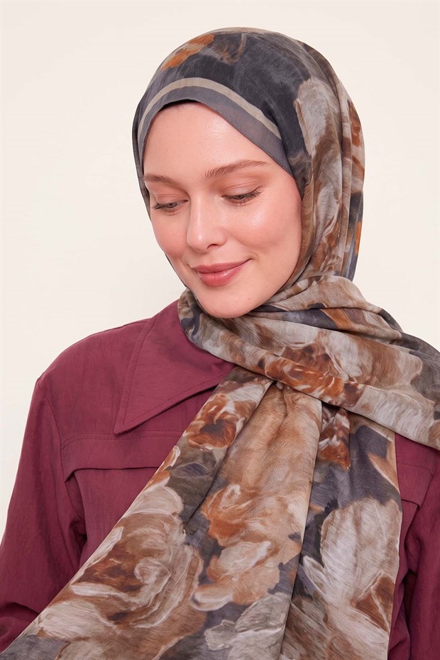 Gri Gül Desenli Tencel Şal