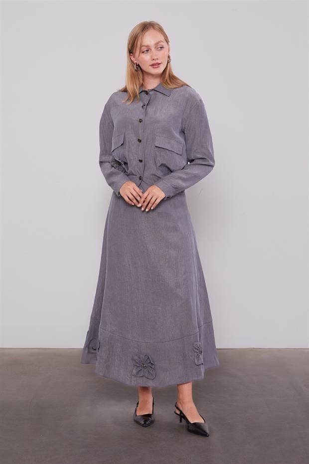 Gri Gül Detaylı Cupra Etekli Takım