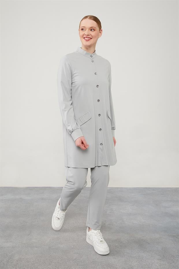 Gri Hakim Yaka Düğme Kapamalı Penye Spor Takım