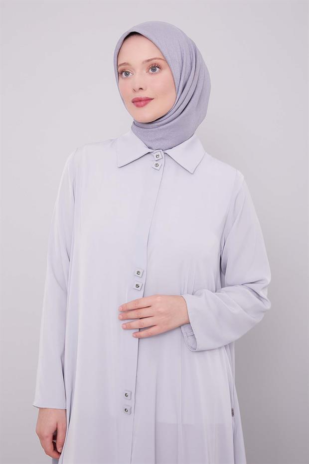 Gri İkili Düğme Detaylı Ferace