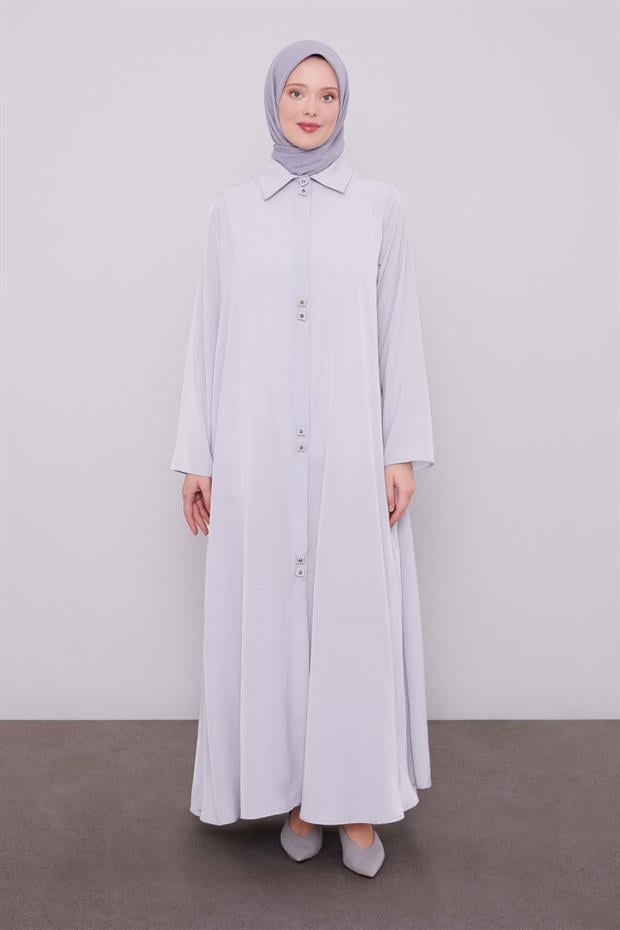 Gri İkili Düğme Detaylı Ferace