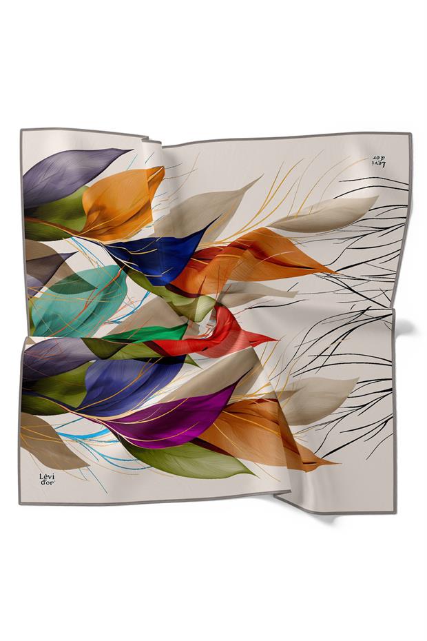 Gri İnce Yaprak Desen Twill İpek Eşarp