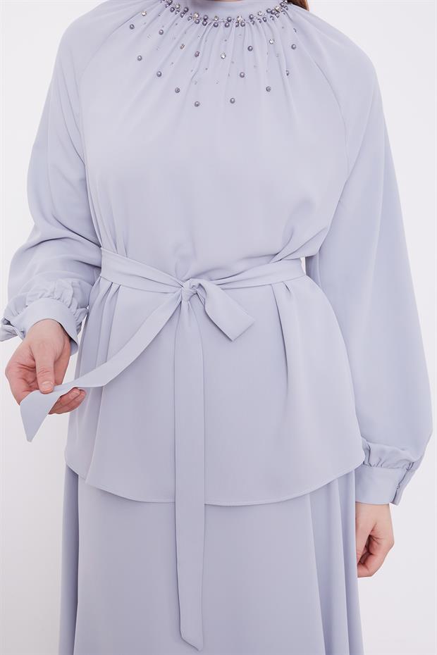 Gri İnci Yaka Detay Etek Takım