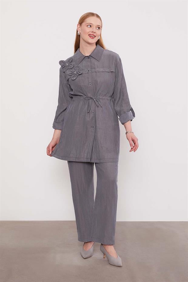 Gri İşleme Omuz Detaylı Cupra İkili Takım