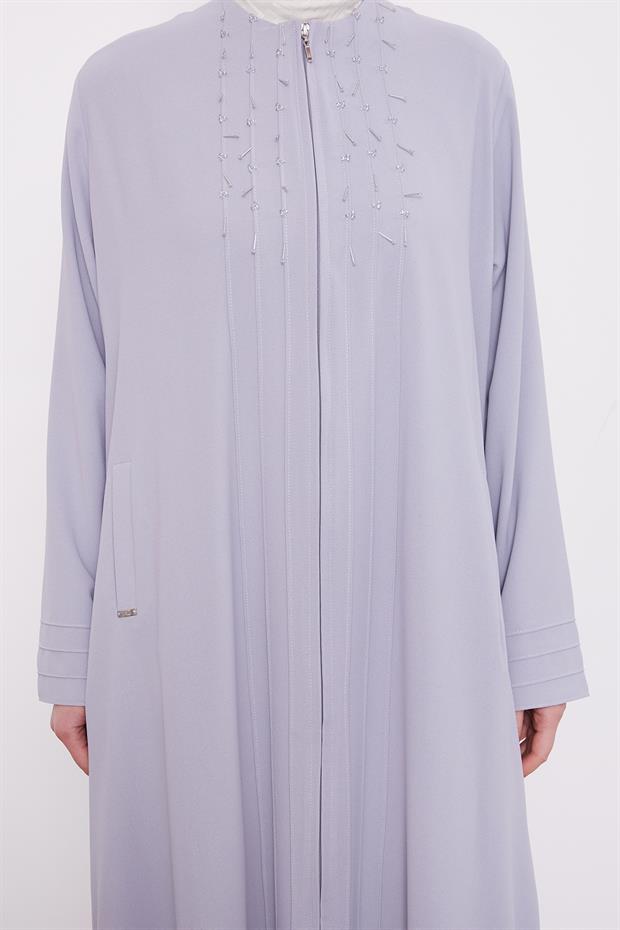 Gri Yaka Şerit Detaylı Ferace