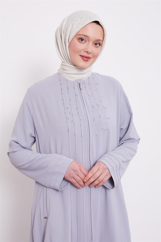 Gri Yaka Şerit Detaylı Ferace