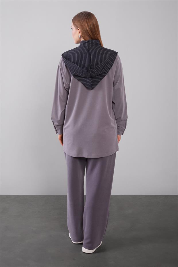 Gri Kapüşonlu Çizgi Detay Sweat