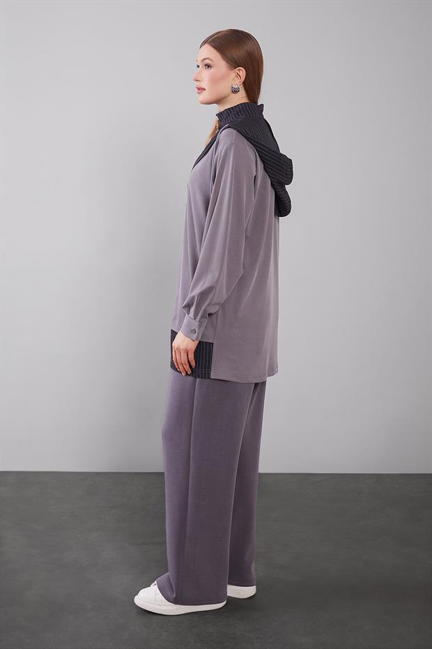 Gri Kapüşonlu Çizgi Detay Sweat