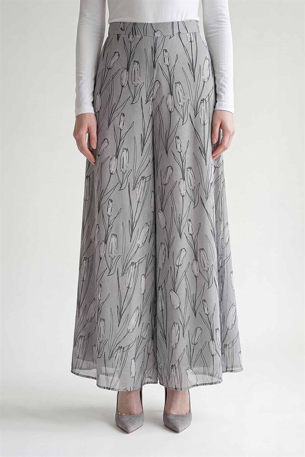 Gri Kare Desen Geniş Paça Şifon Pantolon