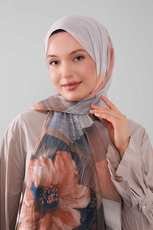 Gri Karışık Çiçek Desen Pamuk Şal