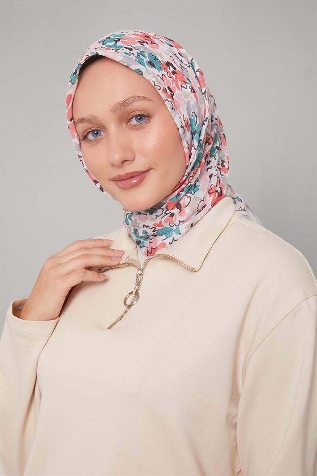 Gri Karışık Çiçek Desen Soft Eşarp