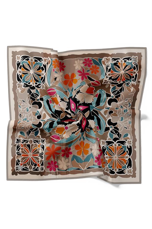 Gri Karışık Çiçek Desen Twill İpek Eşarp