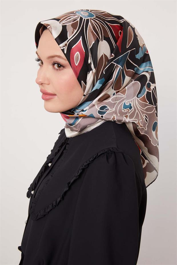 Gri Karışık Çiçek Desen Twill İpek Eşarp