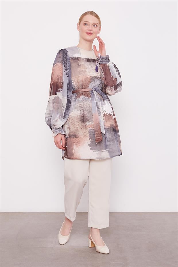 Gri Karışık Fırça Desen Şifon Tunik