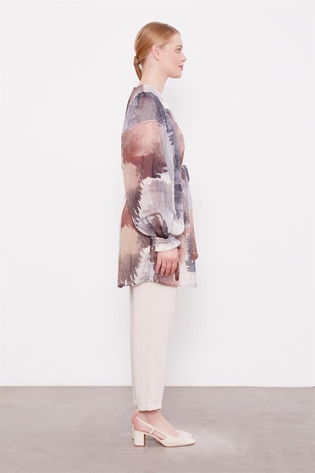 Gri Karışık Fırça Desen Şifon Tunik