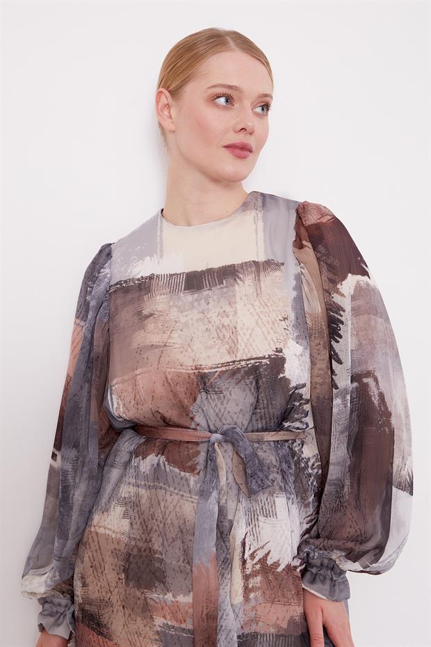 Gri Karışık Fırça Desen Şifon Tunik