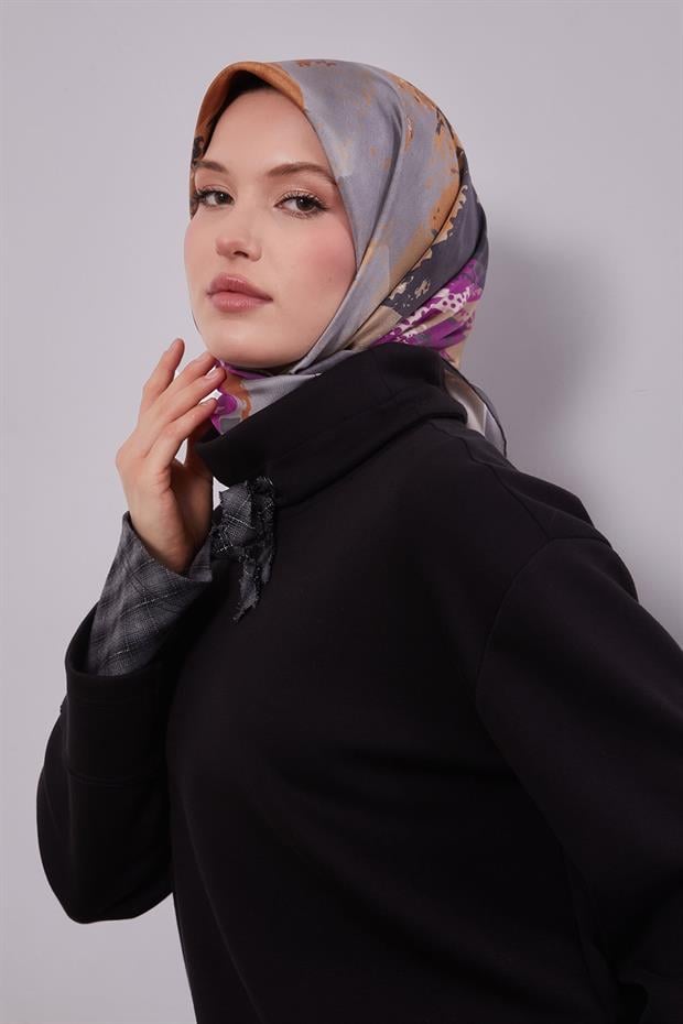 Gri Karma Desenli Twill İpek Eşarp