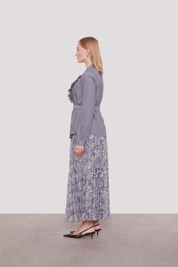 Gri Kemer Detaylı Piliseli Etek Takım