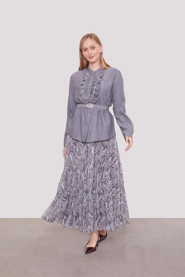 Gri Kemer Detaylı Piliseli Etek Takım