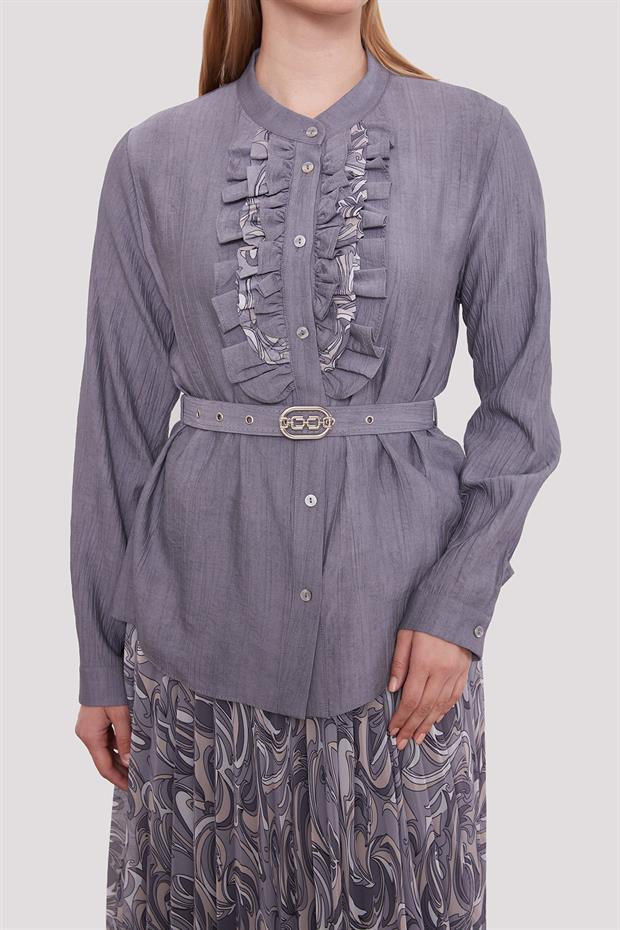 Gri Kemer Detaylı Piliseli Etek Takım