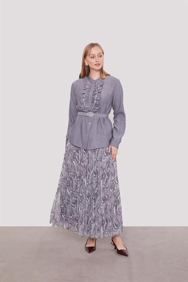 Gri Kemer Detaylı Piliseli Etek Takım