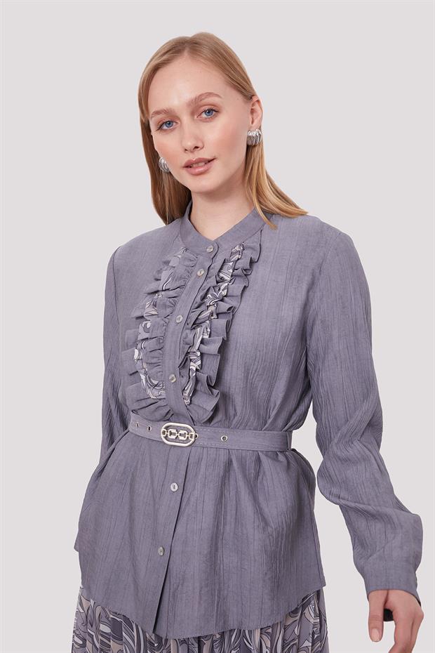 Gri Kemer Detaylı Piliseli Etek Takım