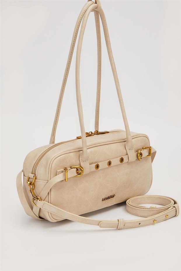 Gri Kemer Detaylı Uzun Askılı Omuz Çantası