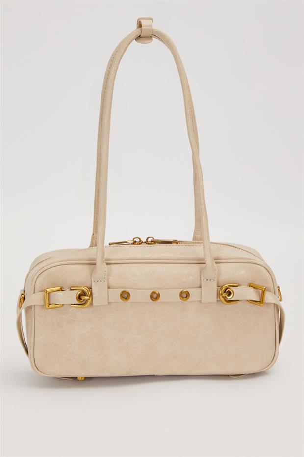 Gri Kemer Detaylı Uzun Askılı Omuz Çantası