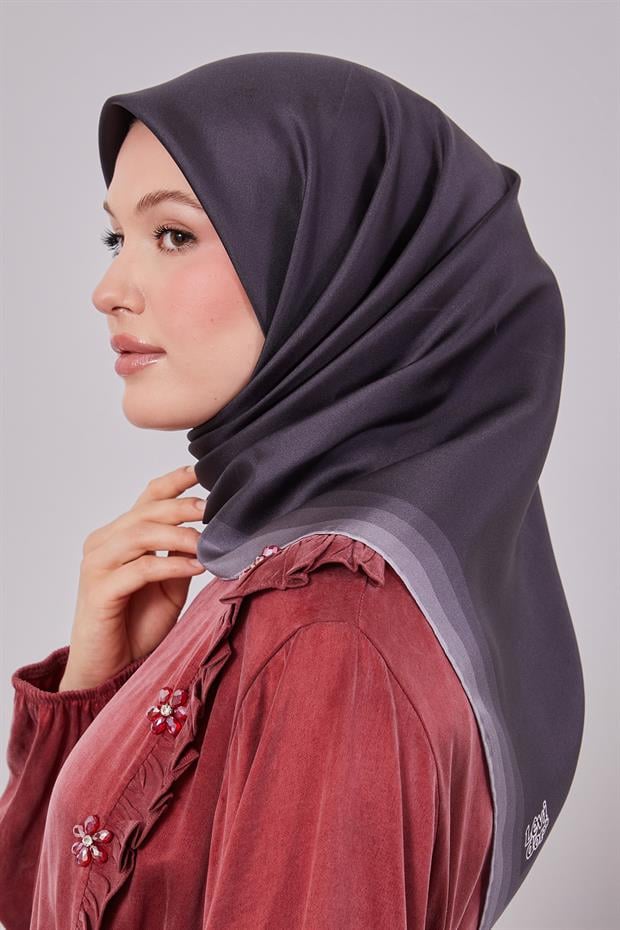 Gri Kenar Bordürlü Twill İpek Eşarp