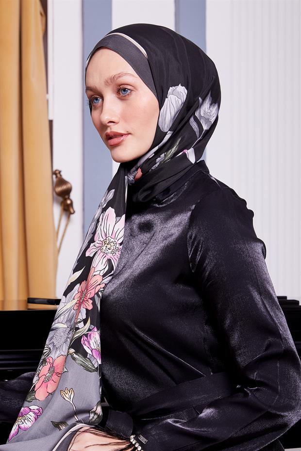 Gri Kenar Çiçek Desen Royal Şal