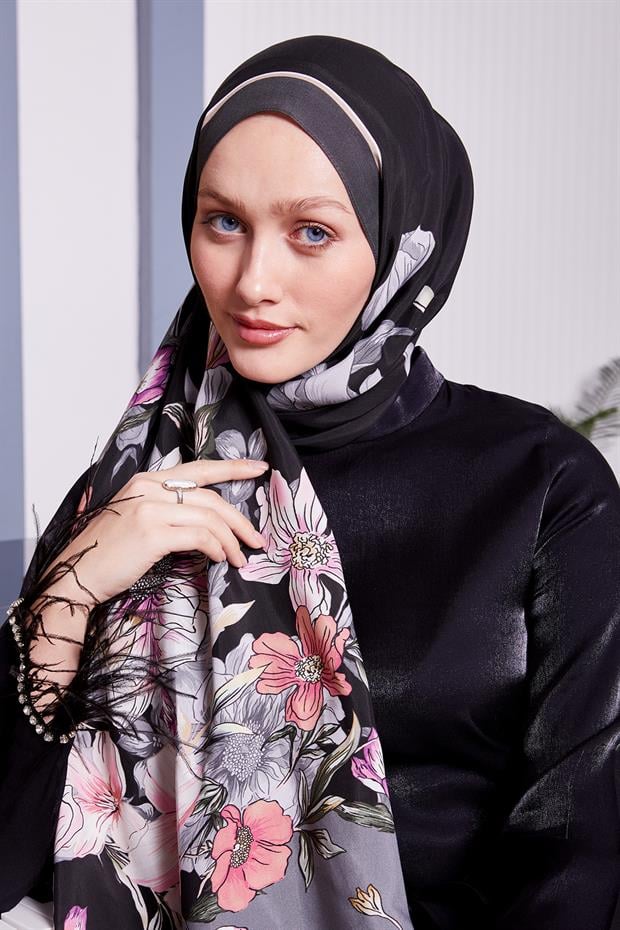 Gri Kenar Çiçek Desen Royal Şal