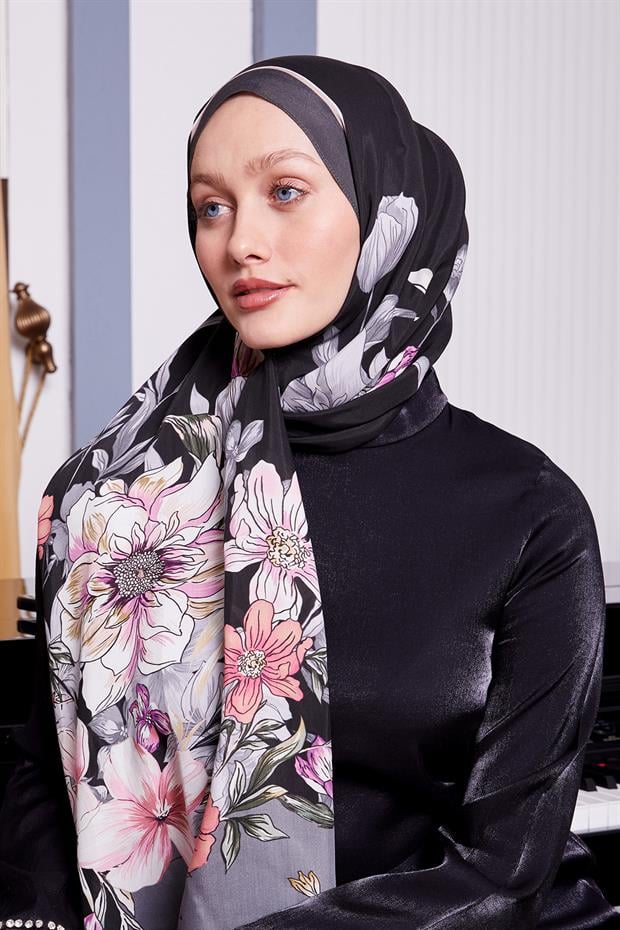 Gri Kenar Çiçek Desen Royal Şal