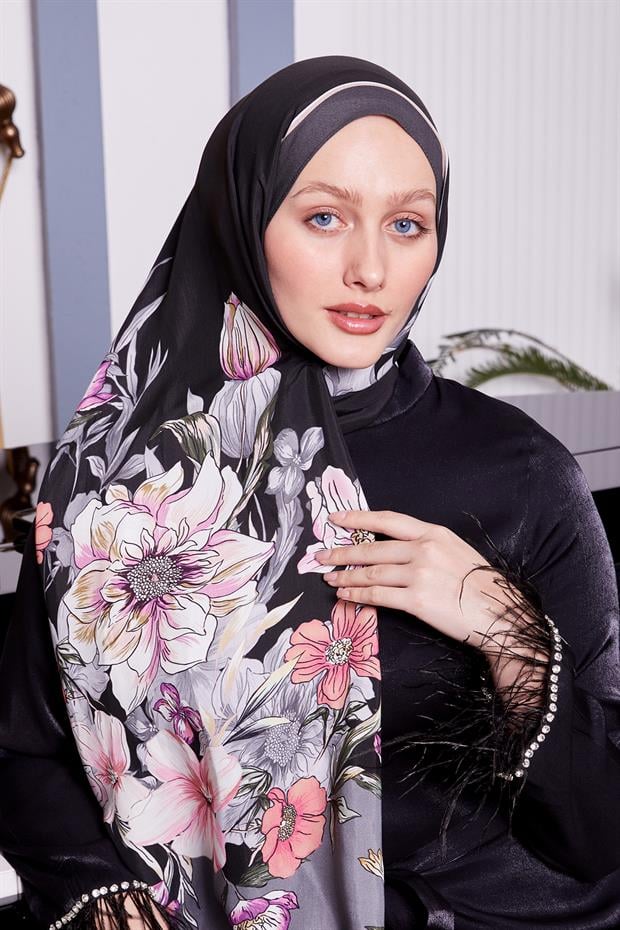 Gri Kenar Çiçek Desen Royal Şal