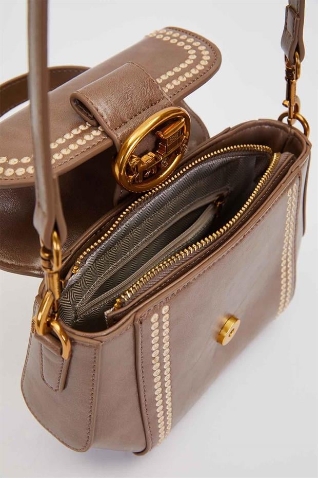 Gri Kenar Desenli Dikişli El Çantası