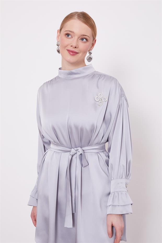 Gri Kol Fırfır Detaylı İkili Takım