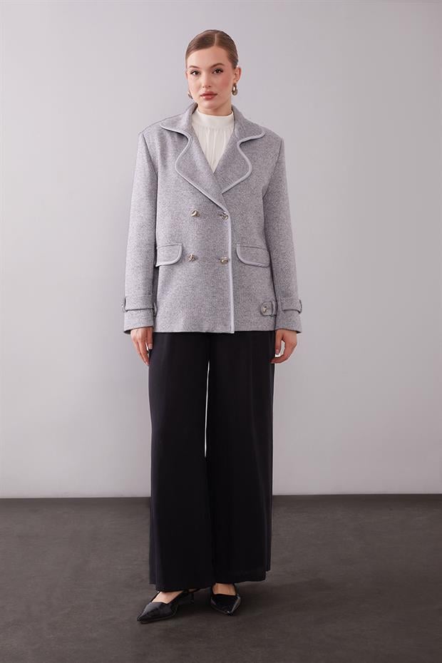 Gri Kruvaze Kenar Şeritli Kaşmir Ceket