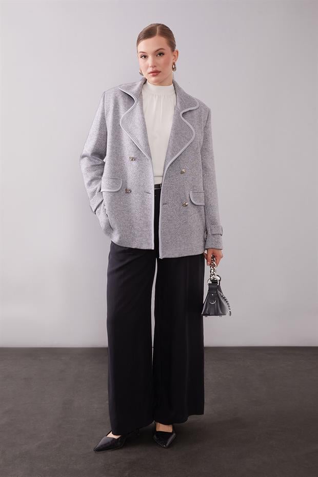 Gri Kruvaze Kenar Şeritli Kaşmir Ceket