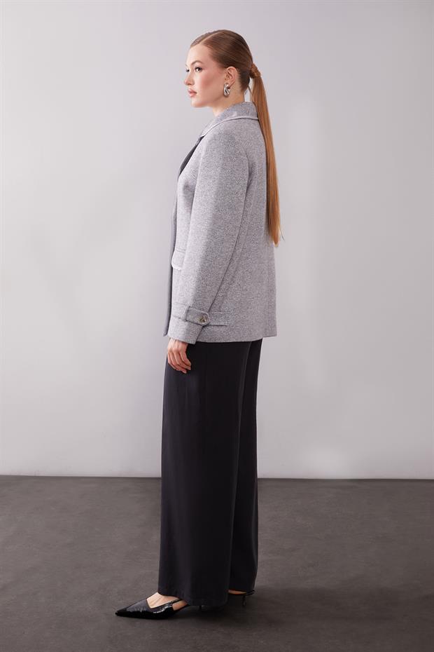 Gri Kruvaze Kenar Şeritli Kaşmir Ceket