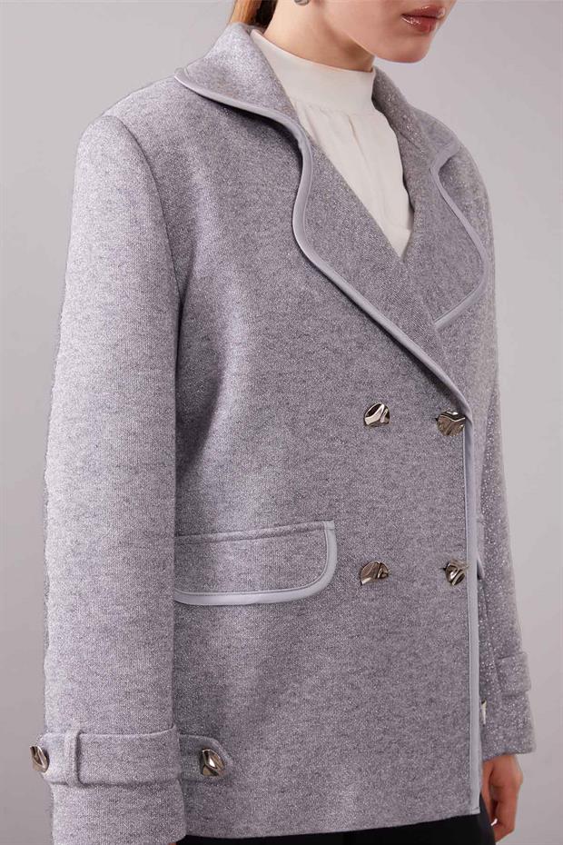 Gri Kruvaze Kenar Şeritli Kaşmir Ceket